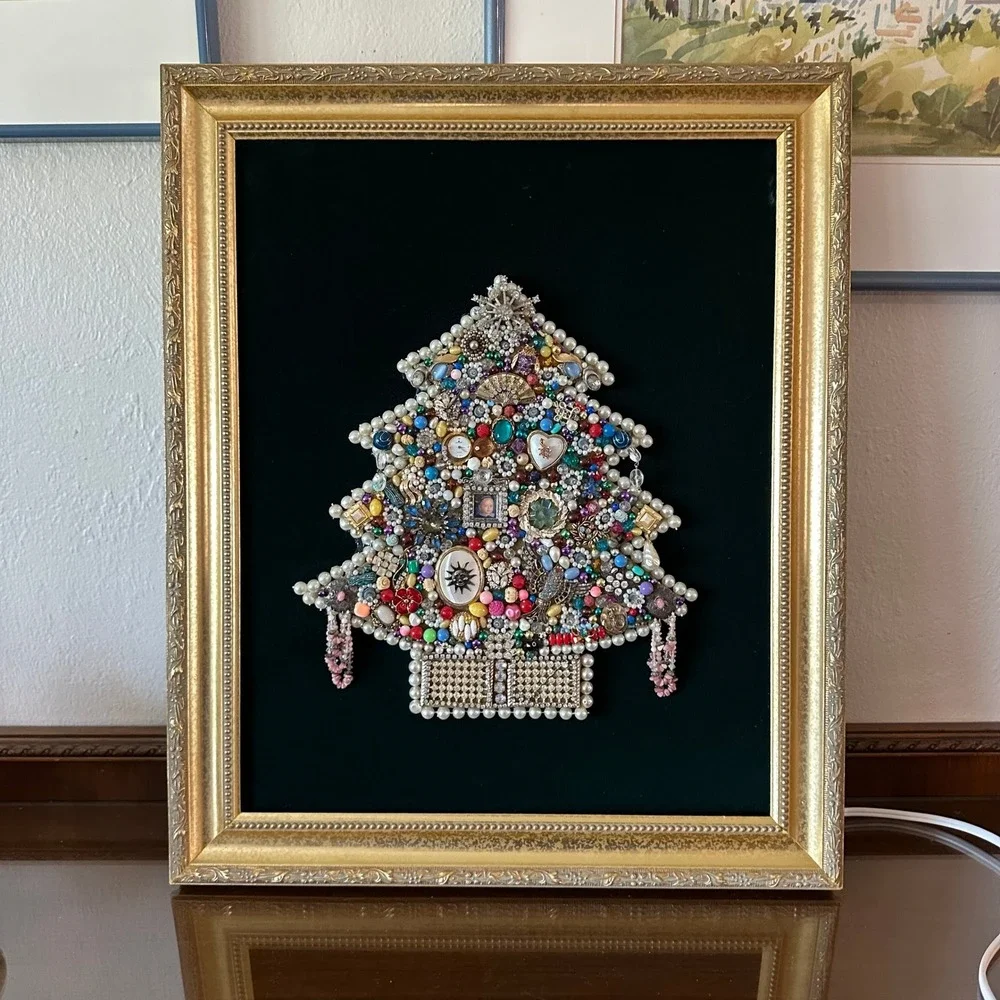 Vintage Costume Jewelry Christmas Tree Lighted Wall Art Gold Frame 24x20
